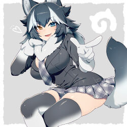 1girl animal_ears aqua_eyes black_hair blush breast_pocket breasts buttons commentary_request crossed_legs cuffs elbow_rest fang fur_collar gloves grey_background grey_skirt grey_thighhighs grey_wolf_(kemono_friends) heart heterochromia japari_symbol kemono_friends kiri_futoshi large_breasts leaning_to_the_side long_sleeves medium_hair multicolored_hair necktie open_mouth outside_border plaid_clothes plaid_necktie plaid_skirt pleated_skirt pocket pointing sitting skindentation skirt smile solo spiked_hair streaked_hair tail thighhighs thighs white_gloves wolf_ears wolf_tail yellow_eyes zettai_ryouiki