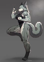 absurdres artist_name fighting_stance furry furry_female grey_background highres leotard looking_to_the_side muscular muscular_female original pgm300 simple_background standing standing_on_one_leg tail thick_thighs thighs wolf_girl wolf_tail