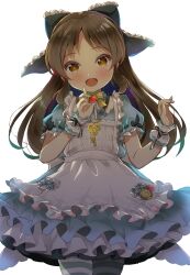 Rule 34 | 1girl, apron, backlighting, bead necklace, beads, blue dress, blue ribbon, blush, bow, brown eyes, brown hair, clothes writing, commentary, curled fingers, dress, dress bow, english text, food, frilled apron, frilled dress, frilled ribbon, frilled wrist cuffs, frills, fruit, hair ribbon, hands up, highres, holding, holding food, holding fruit, idolmaster, idolmaster cinderella girls, idolmaster cinderella girls starlight stage, jewelry, key, key necklace, layered dress, long hair, looking at viewer, michii yuuki, neck ribbon, necklace, open mouth, plaid ribbon, puffy short sleeves, puffy sleeves, ribbon, scrunchie, short sleeves, simple background, sleeve ribbon, smile, solo, standing, strawberry, tachibana arisu, thighhighs, waist bow, white apron, white background, white ribbon, wrist cuffs, yellow bow