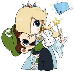 Rule 34 | 1boy, 1girl, arm around shoulder, blonde hair, blue dress, blue eyes, blue overalls, brown hair, crown, dress, earrings, facial hair, floating, floating object, gloves, green hat, green shirt, hair over one eye, hand on another&#039;s shoulder, hat, highres, holding, holding wand, jewelry, long hair, long sleeves, looking at phone, luigi, mario (series), mimimi (mimimim9999), mustache, nail polish, nintendo, one eye closed, open mouth, overalls, phone, princess, purple nails, rosalina, selfie, shirt, short hair, simple background, smile, sparkle, super mario galaxy, upper body, v, wand, white background, white gloves