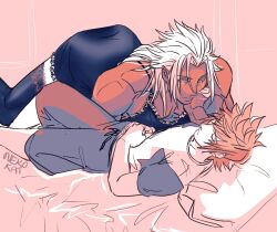 Rule 34 | 2boys, black thighhighs, blonde hair, closed eyes, closed mouth, colored eyelashes, crossdressing, crossdressing (mtf), dark-skinned male, dark skin, grey hair, hand on own face, head on pillow, kingdom hearts, lace trim, lingerie, long hair, looking at another, lying, male focus, multiple boys, muscular, muscular male, nekokat42, on back, on bed, on stomach, orange eyes, pillow, pointy ears, roxas, shirt, sleeping, spiked hair, thighhighs, underwear, white eyelashes, xemnas, yaoi