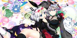 2girls alternate_costume alternate_hairstyle animalization ass bird black_bow black_dress black_hairband black_leg_warmers blue_eyes bow braid breasts character_doll cleavage closed_mouth dog doll double_bun dress eyewear_on_head game_cg gradient_hair grey_hair hair_bow hair_bun hairband heart highres hitodama izayoi_sakuya izayoi_sakuya_(lostwordlive2025) knife konpaku_youmu konpaku_youmu_(ghost) konpaku_youmu_(lostwordlive2025) leg_warmers long_hair long_sleeves looking_at_viewer multicolored_hair multiple_girls official_art open_mouth person_and_animalization red_nails rotte_(1109) round_eyewear saigyouji_yuyuko skirt smile socks thick_thighs thigh_strap thighs third-party_source touhou touhou_lostword twin_braids unworn_clothes white_hair white_socks