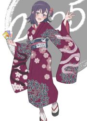 1girl 2025 absurdres card chinese_zodiac floral_print floral_print_kimono hanafuda highres holding holding_card japanese_clothes kimono kiriko_edo looking_at_viewer medium_hair miyauchi_hikage non_non_biyori obi okobo open_mouth platform_sandals print_kimono purple_eyes purple_hair red_kimono sandals sash snake_print socks solo standing standing_on_one_leg tabi white_socks year_of_the_snake