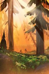 Rule 34 | 2others, arm up, bush, fighting stance, forest, lens flare, light particles, multiple others, nature, orange light, original, outdoors, painterly, scenery, sunset, zandra