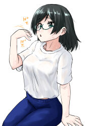Rule 34 | 1girl, alternate costume, black eyes, black hair, blue pants, denim, fanning self, highres, jeans, kantai collection, kirishima (kancolle), nekotarou (nktr299), pants, shirt, short hair, simple background, sitting, solo, t-shirt, white background, white shirt