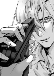 Rule 34 | 1boy, 1other, aiming, collared shirt, commentary request, dimitri alexandre blaiddyd, dimitri alexandre blaiddyd (timeskip), eyepatch, fingernails, fire emblem, fire emblem: three houses, greyscale, gun, hair between eyes, hand on weapon, handgun, highres, holding, holding gun, holding weapon, looking ahead, male focus, monochrome, motion lines, nintendo, out of frame, parted lips, shirt, simple background, smile, solo focus, teeth, trembling, upper body, vgmondo, weapon, white background, wing collar
