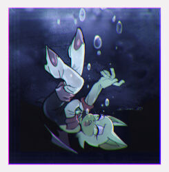 1girl animal_ears animal_nose bat_girl bat_wings bodysuit boots border chromatic_aberration commentary_request full_body furry furry_male gem gloves green_eyes hashi84e highres holding open_mouth rouge_the_bat sinking solo sonic_(series) submerged tail twitter_username underwater white_boots white_border white_gloves wings