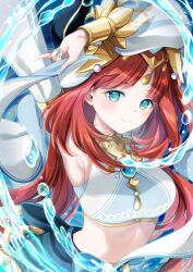 Rule 34 | 1girl, armpits, azuma yuki, blue gemstone, blue skirt, breasts, circlet, detached sleeves, fake horns, gem, genshin impact, gold trim, headdress, highres, horns, jewelry, long hair, looking at viewer, medium breasts, midriff, navel, nilou (genshin impact), parted bangs, red hair, skirt, veil, very long hair, water, white veil