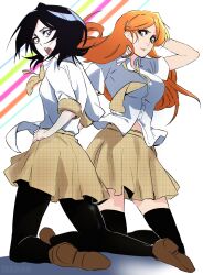 2girls absurdres black_hair black_thighhighs bleach blue_eyes breasts brown_hair eyelashes highres inoue_orihime kuchiki_rukia large_breasts lips long_hair loose_clothes loose_shirt multiple_girls necktie non-web_source open_mouth orange_hair school_uniform sekihan_(6kihan) shirt short_hair simple_background skirt thighhighs
