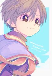 1boy 29qmatatavi anniversary blue_background blue_sky border brown_eyes brown_hair capelet cloud commentary copyright_name dated dragon_quest dragon_quest_ix floating_clothes hero_(dq9) highres looking_to_the_side male_focus purple_capelet red_trim short_hair sky smile solo symbol-only_commentary upper_body white_border