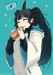 1girl artemis_of_the_blue atelier_live billyonthestraw black_hair blue_background blue_nails blue_tongue character_name colored_tongue food food_on_face hair_ribbon heart highres holding holding_food hood hood_down hoodie mcdonald&#039;s mole mole_under_eye open_mouth ponytail ribbon shark_fin shark_girl sharp_teeth solo teeth virtual_youtuber white_hoodie wide_sleeves