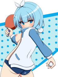 Rule 34 | 1girl, absurdres, ass, blue eyes, blue hair, blush, breasts, breasts out, female focus, gym shorts, hair ribbon, highres, itsumo hokuto, looking at viewer, looking back, matching hair/eyes, nipples, open clothes, ribbon, shakunetsu no takkyuu musume, shorts, solo, standing