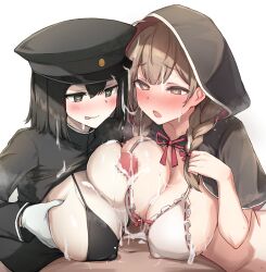 Rule 34 | 1boy, 2girls, @ @, absurdres, after ejaculation, after paizuri, ahoge, akitsu maru (kancolle), bikini, black bikini, black eyes, black hair, black hat, black jacket, braid, breasts, brown eyes, brown hair, bukkake, capelet, commission, cooperative paizuri, covered erect nipples, cum, cum on body, cum on breasts, cum on clothes, cum on hair, cum on upper body, embarrassed, facial, ffm threesome, gloves, group sex, hat, heart, heart-shaped pupils, highres, jacket, kantai collection, large breasts, licking lips, looking at viewer, medium hair, military hat, military jacket, multiple girls, open mouth, paizuri, paizuri under clothes, peaked cap, peanut mouth, pov, sabo (12454861), shinshuu maru (kancolle), sideboob paizuri, simple background, skeb commission, smile, swimsuit, symbol-shaped pupils, teamwork (sexual), teeth, threesome, tongue, tongue out, twin braids, white background, white bikini, white gloves, zenra