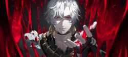 1boy artist_name blood blue_eyes collarbone grin hand_up highres honkai:_star_rail honkai_(series) looking_at_viewer male_focus phainon_(honkai:_star_rail) pogogu smile solo teeth upper_body white_hair
