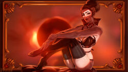 1girl artist_name cptpopcorn critical_role dungeons_&amp;_dragons dungeons_&amp;_dragons leather looking_at_viewer pinup_(style) red_eyes sitting smile solo