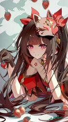 1girl absurdres ai_dongdong bare_shoulders bell black_gloves brown_hair circle_facial_mark closed_mouth flower_tattoo food fox_mask fruit gloves hair_ribbon highres holding holding_food holding_fruit honkai:_star_rail honkai_(series) long_hair looking_at_viewer mark_under_both_eyes mask mask_on_head missing_commentary neck_bell red_eyes red_ribbon ribbon shoulder_tattoo single_glove smile sparkle_(honkai:_star_rail) split_mouth strawberry tattoo very_long_hair