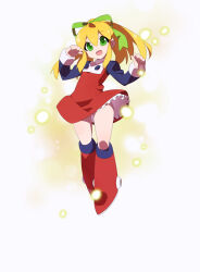Rule 34 | absurdres, android, armored boots, armored legwear, arms up, blonde hair, blurry, blurry background, boots, capcom, clenched hand, clenched hands, green eyes, green ribbon, hair between eyes, hair over shoulder, hair ribbon, henshin, highres, joints, kaidou zx, knee boots, long hair, long sleeves, looking at viewer, marvel vs. capcom, marvel vs. capcom 2, mechanical boots, mega man (series), miniskirt, open mouth, red boots, red skirt, ribbon, robot girl, robot joints, roll (mega man), sidelocks, simple background, skirt, smile, sparks, transformation, white background
