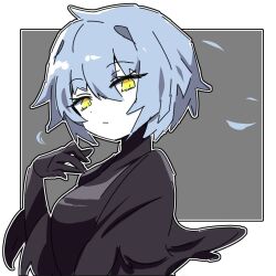1girl an_apple_akaao angela_(project_moon) black_dress black_gloves black_shawl blue_hair border closed_mouth dress gloves grey_background library_of_ruina looking_at_viewer project_moon shawl short_hair simple_background solo upper_body white_border yellow_eyes