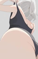 1girl ass black_shirt from_behind from_below grey_background grey_hair grey_panties hiroki_(yyqw7151) long_hair original panties ponytail shirt standing tank_top underwear undressing