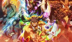 1boy absurdres bandana black_hair character_request dark-skinned_male dark_skin deck_of_cards dinosaur duel_academy_uniform_(yu-gi-oh!_gx) duel_disk duel_monster highres slit_pupils tyranno_kenzan upper_body vest vincent_graphic_art yellow_vest yu-gi-oh! yu-gi-oh!_gx