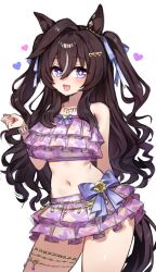 Rule 34 | 1girl, :3, :d, absurdres, animal ears, bikini, bikini skirt, brown hair, cowboy shot, frilled bikini, frills, hair between eyes, hair down, heart, highres, horse ears, horse girl, horse tail, jewelry, long hair, looking at viewer, midriff, mole, mole under eye, navel, necklace, official alternate costume, official alternate hairstyle, open mouth, purple bikini, purple eyes, ress beep, ruffle bikini, simple background, smile, solo, swimsuit, tail, umamusume, vivlos (finest smile - liftoff!) (umamusume), vivlos (umamusume), wavy hair, white background, white streaks