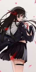 1girl absurdres arm_cutout black_choker black_hair black_shirt black_skirt bright_pupils chisa_(wuthering_waves) choker commentary_request cowboy_shot from_side grey_background hair_ribbon highres long_hair long_sleeves looking_at_viewer mole mole_under_eye neckerchief parted_lips red_eyes red_neckerchief red_petals red_ribbon rena_(rena_emc2) ribbon sailor_collar shirt sideways_glance skirt solo tacet_mark_(wuthering_waves) thigh_strap very_long_hair white_pupils white_sailor_collar wuthering_waves