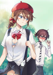 1boy 1girl absurdres bag beret blue_eyes blush bow bra bra_peek breasts brown_eyes brown_hair bruise bruise_on_arm edgar_valden genderswap genderswap_(mtf) hahi_hos hat highres identity_v large_breasts long_sleeves luca_balsa outdoors panties panty_peek ponytail red_bow school_bag school_uniform shirt short_sleeves single_drill tree unbuttoned unbuttoned_shirt underwear white_shirt