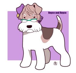 Rule 34 | animal focus, animalization, brown hair, commentary request, dog, ear covers, full body, glasses, looking at viewer, no humans, onikobe rin, purple background, royce and royce (umamusume), simple background, single ear cover, umamusume, white background
