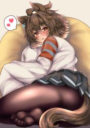 1girl agnes_tachyon_(umamusume) ahoge animal_ears ass black_skirt blush brown_hair brown_pantyhose coat commentary_request feet foot_out_of_frame hair_between_eyes heart highres hisagi_(hisagi00) horse_ears horse_girl horse_tail long_bangs looking_at_viewer no_shoes open_mouth pantyhose pleated_skirt red_eyes short_hair skirt sleeves_past_fingers sleeves_past_wrists soles solo speech_bubble spoken_heart tail thighs toe_scrunch toes umamusume white_coat