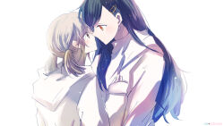 2girls azusawa_kohane black_hair blue_hair blush brown_eyes brown_hair closed_mouth commentary_request earrings eye_contact gradient_hair hood hoodie jewelry long_hair long_sleeves looking_at_another multicolored_hair multiple_girls orange_eyes project_sekai shiraishi_an shirt short_twintails simple_background sleeves_past_wrists smile star_(symbol) star_earrings twintails white_background white_hoodie white_shirt xuan yuri