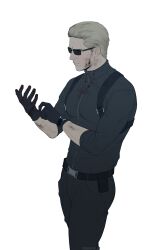 Rule 34 | 1boy, absurdres, adjusting clothes, adjusting gloves, albert wesker, arms up, belt, black belt, black gloves, black pants, black shirt, blonde hair, blood, blood on face, closed mouth, commentary, feet out of frame, gloves, hair slicked back, hashtag-only commentary, highres, jedmossfeld, male focus, pants, resident evil, shirt, shoulder strap, solo, sunglasses, zipper