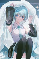 Rule 34 | 1girl, absurdres, akonblank, aqua eyes, aqua hair, aqua nails, aqua necktie, aqua trim, arm up, armpits, blush, boots, breasts, collared shirt, detached sleeves, feet out of frame, hair between eyes, hair ornament, hatsune miku, headphones, highres, long hair, long sleeves, looking at viewer, miku day, necktie, open mouth, pleated skirt, shirt, skirt, sleeveless, sleeveless shirt, small breasts, smile, solo, thigh boots, twintails, vocaloid, white shirt, wide sleeves