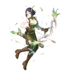 1girl argyle_clothes arm_guards black_eyes black_hair boots bow_(weapon) breasts brown_boots brown_gloves circlet cleavage cleavage_cutout clenched_teeth clothing_cutout damaged feather_hair_ornament feathers female_focus fire_emblem fire_emblem_awakening fire_emblem_heroes furrowed_brow gloves hair_ornament highres holding holding_bow_(weapon) holding_weapon matching_hair/eyes medium_breasts nintendo noire_(fire_emblem) non-web_source official_art pants quiver short_hair single_arm_guard solo teeth torn_clothes torn_pants weapon