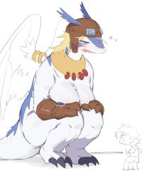 1boy 1girl aviator_cap aviator_goggles blonde_hair blue_fur body_fur breasts brown_gloves claws dragon_girl feathered_wings flying_sweatdrops furry furry_female genderswap genderswap_(mtf) giant giantess gloves hands_on_own_knees highres hufy jewelry large_breasts legendz looking_at_another neck_ring piercing shiron_(legendz) shuzo_matsutani simple_background size_difference squatting tail white_background white_fur white_wings wing_piercing wings