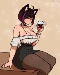 Rule 34 | 1girl, absurdres, alcohol, animal ear fluff, animal ears, arm support, armpit crease, artist name, bare shoulders, black pantyhose, black skirt, blue streaks, breasts, brown eyes, brown hair, cat ears, cat girl, choker, cleavage, closed mouth, collarbone, commentary, commission, cup, drinking glass, english commentary, fang, fang out, freckles, gradient hair, hand up, heart, heart choker, high-waist skirt, highres, holding, holding cup, large breasts, looking at viewer, multicolored hair, original, pantyhose, red hair, red wine, saltdrawyou, shirt, shirt tucked in, short sleeves, simple background, single hair streak, sitting, skirt, smile, solo, streaked hair, swept bangs, twitter username, white shirt, wine, wine glass, yellow background, yellow choker