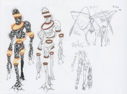 antennae bandai beta_design concept_art digimon eater_(digimon) eater_(humanoid_mode) eldritch_abomination full_body monochrome monster no_eyes official_art oh!great! sketch walking wings