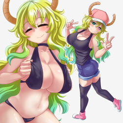 1girl absurdres bare_arms bare_shoulders baseball_cap bikini black_bikini black_choker black_tank_top black_thighhighs blonde_hair blue_shorts boots breasts choker cleavage closed_eyes closed_mouth commentary denim denim_shorts double_w dragon_girl dragon_horns facing_viewer gradient_hair green_eyes green_hair hair_between_eyes hat heterochromia highres horns kobayashi-san_chi_no_maidragon large_breasts laz_gm long_hair looking_at_viewer lucoa_(maidragon) multicolored_hair multiple_views navel paid_reward_available pink_boots pink_hat short_shorts shorts simple_background smile swimsuit tank_top thighhighs w white_background yellow_eyes