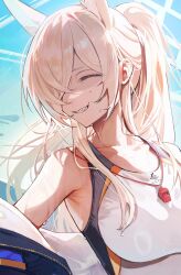 Rule 34 | 1girl, animal ears, blonde hair, blue archive, blue halo, blue jacket, breasts, dog ears, hair over one eye, halo, highres, jacket, kanna (blue archive), kanna (swimsuit) (blue archive), large breasts, long hair, mayutsuba mono, official alternate costume, one-piece swimsuit, open clothes, open jacket, ponytail, shaded face, sharp teeth, solo, swimsuit, teeth, upper body, wet, whistle, whistle around neck, white one-piece swimsuit