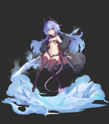 1girl :d absurdres arm_tattoo bandeau bare_shoulders black_background black_coat black_horns black_shoes black_thighhighs blue_hair blue_nails blush breasts cleavage coat collar commentary_request cross-laced_clothes crossed_bangs demon_girl demon_horns demon_tail eyelashes fang faux_figurine fingernails floating_hair full_body fur-trimmed_coat fur_trim hair_between_eyes hair_intakes high_heels highres holding holding_polearm holding_weapon horns ice long_hair long_sleeves looking_at_viewer mxr nail_polish navel off_shoulder open_clothes open_coat open_mouth original polearm purple_eyes revealing_clothes shoes sidelocks skin_fang skindentation small_breasts smile solo spiked_collar spikes stomach strapless tail tattoo thighhighs thighs underboob very_long_hair weapon wide_sleeves