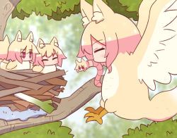 +_+ 5girls ^_^ animal_ear_fluff animal_ears animalization bird bird_nest blurry blurry_background blush closed_eyes day depth_of_field earthworm fox_ears fox_tail hair_between_eyes in_nest kemomimi-chan_(naga_u) mouth_hold multiple_girls naga_u nest original outdoors red_eyes sparkle spring_onion tail tree worm