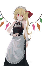 1girl alternate_costume apron bare_arms bare_shoulders black_bow black_bowtie black_dress blonde_hair blush bow bowtie closed_mouth collared_dress crystal crystal_wings dress enmaided feet_out_of_frame flandre_scarlet frilled_apron frills hair_bow hand_on_own_hip head_tilt highres long_dress long_hair maid maid_apron maid_headdress no_nose pointy_ears red_bow red_eyes red_nails reddizen simple_background sleeveless sleeveless_dress solo standing touhou waist_apron white_apron white_background wings wrist_cuffs
