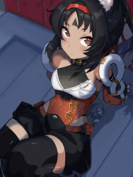 1girl animal_ear_fluff animal_ears arm_support bare_shoulders bell black_hair black_shorts black_thighhighs blush breasts cat_ears cat_girl cat_tail closed_mouth dark-skinned_female dark_skin detached_sleeves facial_mark forehead_mark highres jingle_bell looking_at_viewer nat_(nashumash) neck_bell nekomiya_mana parted_bangs red_eyes short_shorts short_sleeves shorts sitting small_breasts solo tail thighhighs thighs triangle triangle_facial_mark zenless_zone_zero