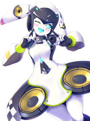 Rule 34 | 1girl, ;d, blue eyes, commentary request, dia (world flipper), fingers to cheeks, highres, humanoid robot, crossed legs, looking to the side, mechanical skirt, mitsumi (fuha-2), one eye closed, open mouth, robot, smile, solo, world flipper