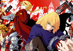 Rule 34 | 1boy, 1girl, :|, absurdres, ahoge, armor, artist name, black-framed eyewear, black pantyhose, blonde hair, blue eyes, blue sweater, bound, bound wrists, braid, braided ponytail, building, cape, closed mouth, command spell, copyright name, copyright notice, cuffs, expressionless, fate/strange fake, fate (series), floating hair, glasses, grey skirt, hand on hilt, handcuffs, highres, long hair, long sleeves, looking ahead, looking at viewer, looking back, miniskirt, mogi shin&#039;ichi, multicolored hair, newtype, official art, outstretched arms, over-rim eyewear, pantyhose, red cape, red eyes, red streaks, richard i (fate), road sign, sajou ayaka (fate/strange fake), semi-rimless eyewear, sideways glance, sign, single braid, skirt, skyscraper, smile, split mouth, squatting, standing, streaked hair, sweater, sword, third-party source, traffic light, weapon
