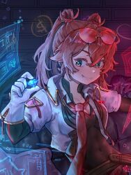 1girl black_bodysuit bodysuit breasts diamond_(gemstone) duel_monster evil_twin_ki-sikil fang gem holographic_interface jacket ki-sikil_(yu-gi-oh!) long_hair medium_breasts pink_jacket red-tinted_eyewear red_hair solo sunglasses tinted_eyewear twintails upper_body winter_snow yu-gi-oh!