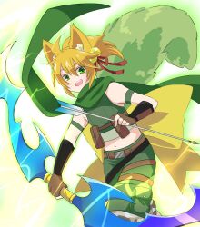 1boy ahoge animal_ears arrow_(projectile) bell belt blonde_hair bow_(weapon) brown_belt brown_gloves commentary_request cowboy_shot crop_top doroidsan fingerless_gloves fox_boy fox_ears gloves green_eyes green_scarf green_shirt green_shorts hair_bell hair_ornament hair_ribbon highres holding holding_arrow holding_bow_(weapon) holding_weapon jingle_bell looking_at_viewer male_focus midriff navel open_mouth ragnarok_online ranger_(ragnarok_online) red_ribbon ribbon scarf shirt short_hair shorts simple_background sleeveless sleeveless_shirt smile solo weapon white_background