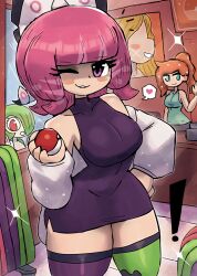 ! 2girls :3 absurdres asymmetrical_legwear blue_eyes blue_shirt blush bow breasts cash_register dress gardevoir gen_3_pokemon green_hair green_thighhighs grey_pants grin hair_bow hair_over_one_eye hand_on_own_hip heart highres holding holding_poke_ball jacket klara_(pokemon) large_breasts long_hair long_sleeves looking_at_viewer mismatched_legwear multiple_girls nintendo off-shoulder_jacket off_shoulder one_eye_closed open_clothes open_jacket open_mouth orange_hair pants pink_hair poke_ball poke_ball_(basic) poke_ball_symbol pokemon pokemon_(creature) pokemon_swsh ponytail poster_(object) purple_dress purple_eyes purple_thighhighs red_eyes shirt short_hair sleeveless sleeveless_dress smile sonia_(pokemon) sparkle speech_bubble spoken_heart standing tank_top teeth thick_thighs thighhighs thighs tony_welt waving white_bow white_jacket wide_hips window wink