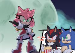 1girl 2boys amy_rose animal_ears artist_name black_fur blue_fur boots dress english_text food fravoccado full_moon furry furry_female furry_male gloves green_eyes gun highres holding holding_gun holding_weapon let_him_cook_(meme) meme moon multiple_boys pink_fur popcorn red_dress red_eyes red_footwear red_fur shadow_the_hedgehog shadow_the_hedgehog_(game) sonic_(series) sonic_the_hedgehog two-tone_footwear weapon weapon_request white_footwear white_gloves
