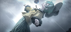 1girl absurdres black_hat black_ribbon collared_shirt commentary cowboy_shot expressionless falling frilled_shirt_collar frilled_sleeves frills from_side green_eyes green_hair green_skirt hat highres komeiji_koishi long_sleeves magnistr1 outstretched_arms overcast parted_lips pleated_skirt profile rain ribbon shirt short_hair skirt sky solo spread_arms third_eye touhou unworn_hat unworn_headwear yellow_shirt