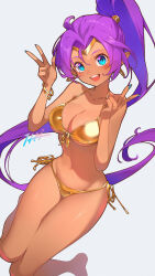 1girl absurdres bikini blue_eyes breasts dark-skinned_female dark_skin gold_bikini high_ponytail highres itou_kazuki large_breasts long_hair looking_at_viewer navel open_mouth ponytail purple_hair shantae shantae_(series) side-tie_bikini_bottom solo swimsuit v very_long_hair w